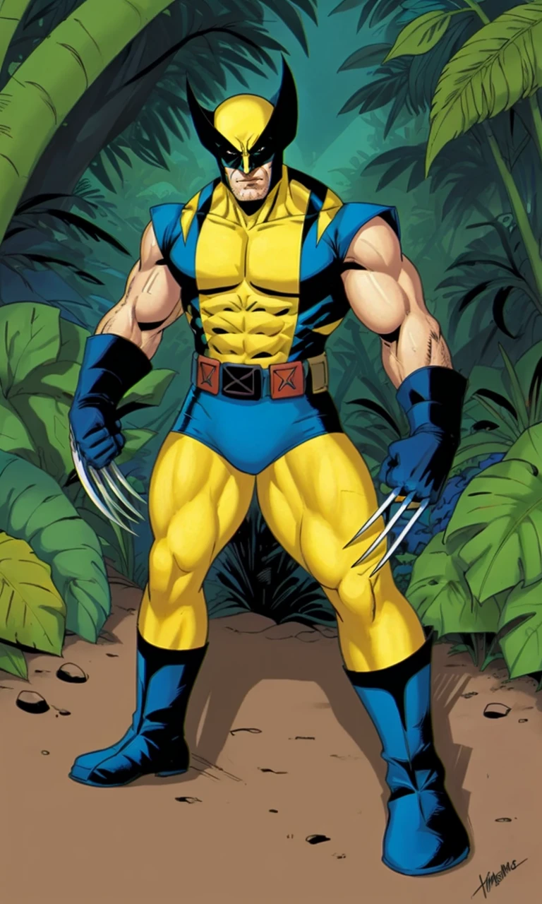 xmtas1997, cartoon, flat colors, 1man, wolverine costume, 3 claws, jungle,