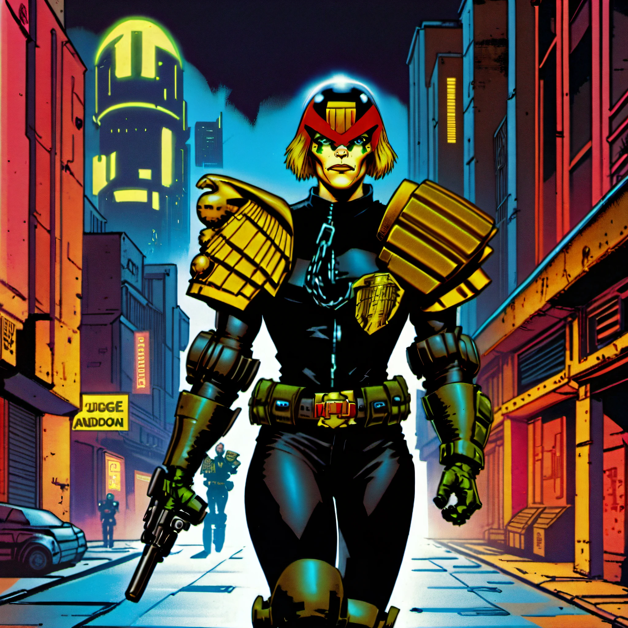 1girl, judge anderson walking down a street alone with a pistol in her hand, in armor and uniform, wearing a helmet, jdgdrddcom, cyberpunk, comic, cityscape, looking at viewer, night time, neon light, red light,