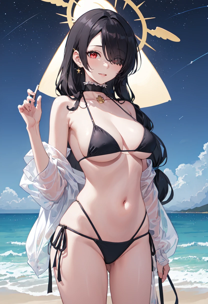 best quality, masterpiece, highres, solo, (hinata_bluearchive:1.10), (night:1.10), (starry sky:1.10), beach, beautiful detailed sky, (extremely detailed background:1.20), (standing:1.10), looking at viewer, (bikini:1.30), light smile, 24 <lora:hinata_bluearchive:0.80>