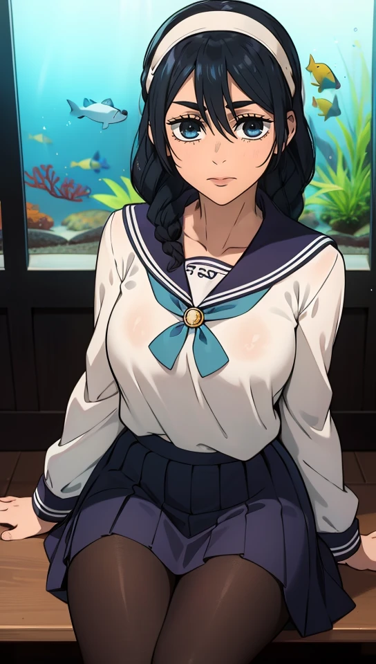 masterpiece, best quality, high resolution, highly detailed, HDR, intricate detail, ultra detailed,
BREAK
 <lora:Riko Amanai:0.6>_black hair_braids_hairband_perfect small breast,
BREAK
pleated skirt, pantyhose, school uniform,hairband, bolo tie
BREAK
(aquarium:1.4)
BREAK
(sitting_pose:1.4)