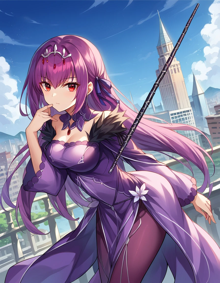 score_9, score_8_up, score_7_up, source_anime,
skadicaster, <lora:skadi-caster-ponyxl-lora-nochekaiser:1>
skadi, long hair, purple hair, red eyes,
dress, fur trim, jewelry, pantyhose, purple dress, red eyes, silver trim, tiara, wand,
outdoors, cityscape, bent over,
looking at viewer, dutch angle, cowboy shot,