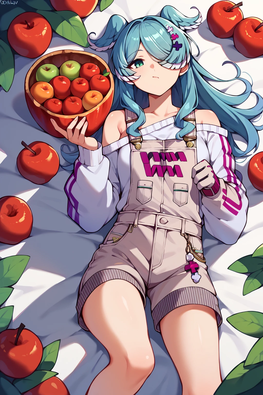 score_9, score_8_up, score_7_up, uncensored, source_anime, 1girl, <lora:speliraPendoraXLPony:1> elira1st, long sleeves, overalls, white sweater, off shoulder, single glove, one eye covered, overall shorts, apple, doily, food, fruit, red apple