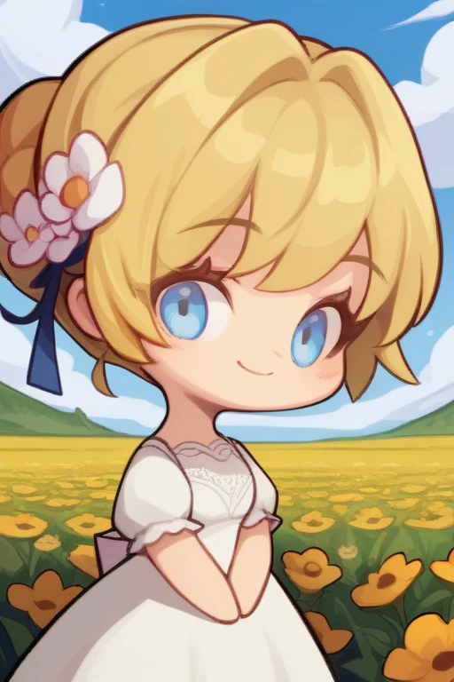 score_9, score_8, <lora:GTChibiXL640V1:0.7>, 1girl, single hair bun, blonde hair, blue eyes, white dress, looking at viewer, smile, upper body, sky, clouds, field, flowers, chibi