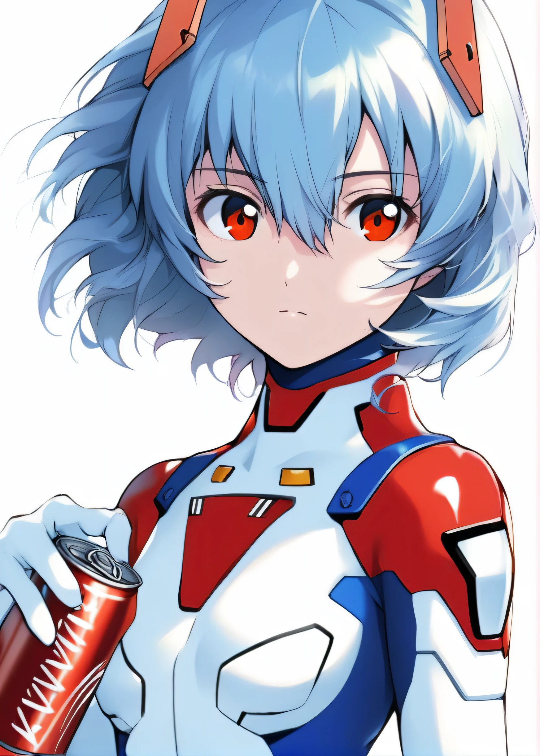 <lora:Rei:0.6> 1girl,solo,looking at viewer,short hair,bangs,simple background,hair ornament,red eyes,gloves,white background,holding,hair between eyes,closed mouth,blue hair,bodysuit,portrait,can,pilot suit,plugsuit,white bodysuit,holding can,soda can,ayanami rei