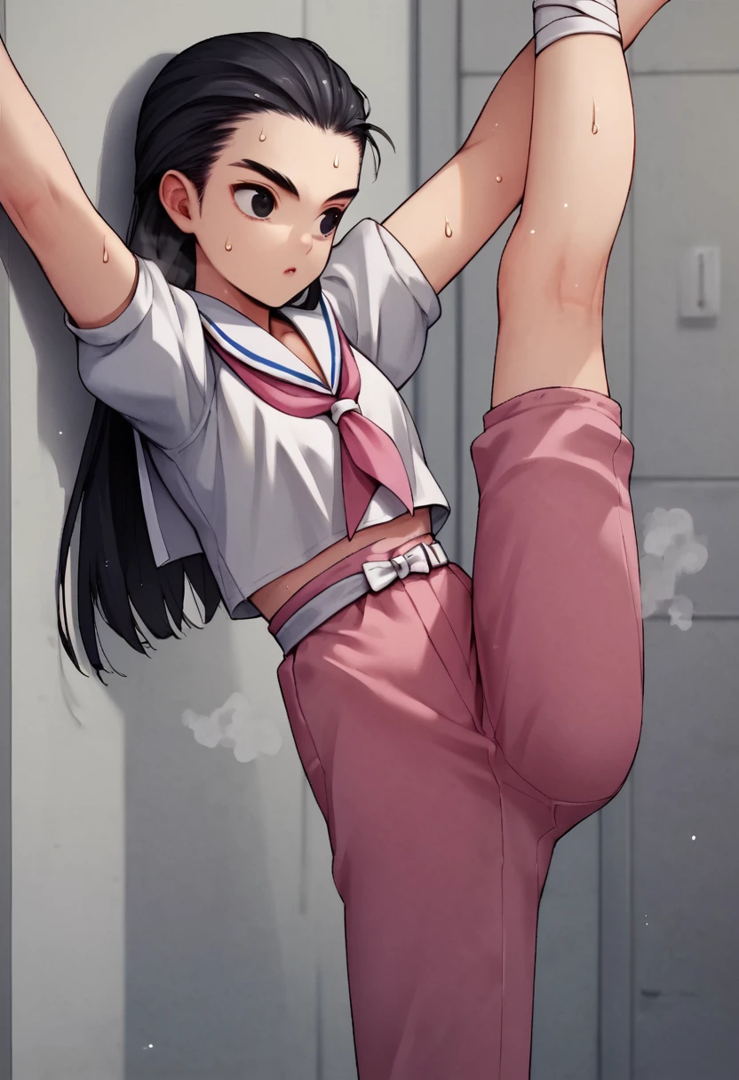 score_9, score_8_up, score_7_up, score_6_up, score_5_up, score_4_up,  source_anime, <lora:super_oume_otane-03:0.9>  1girl, solo, black eyes, hair slicked back, black hair, very long hair, white serafuku, school uniform,pink neckerchief,pink pants,white belt,sailor collar,short sleeves, [sandals:0.5], sweat, steam,
stretching, standing on one leg, leg_lift, folded, on leg up