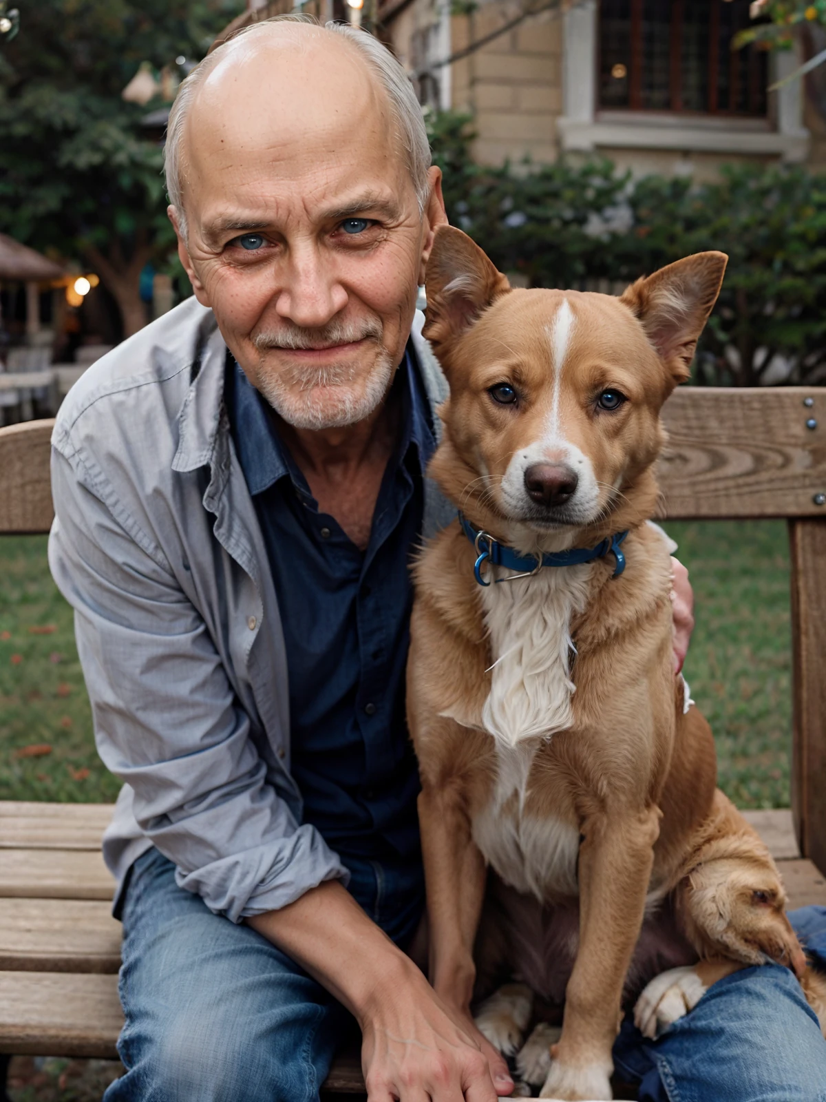 insane details, <lora:Drozdov-000009:0.67>, insane details, man old, short hair, Blue eyes, next to the dog, sitting on a bench