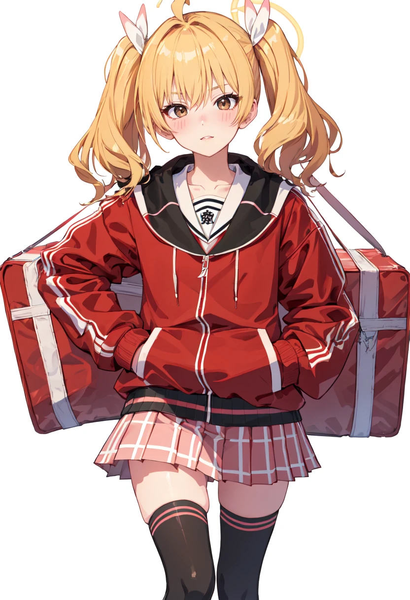 best quality, masterpiece, highres, solo, (yoshimi_bluearchive:1.10), 1girl, blush, long sleeves, pleated skirt, red jacket, simple background, black thighhighs, miniskirt, pink skirt, white background, looking at viewer, closed mouth, bag, hooded jacket, sailor collar, track jacket, hand in pocket, 0 <lora:yoshimi_bluearchive:0.80>
