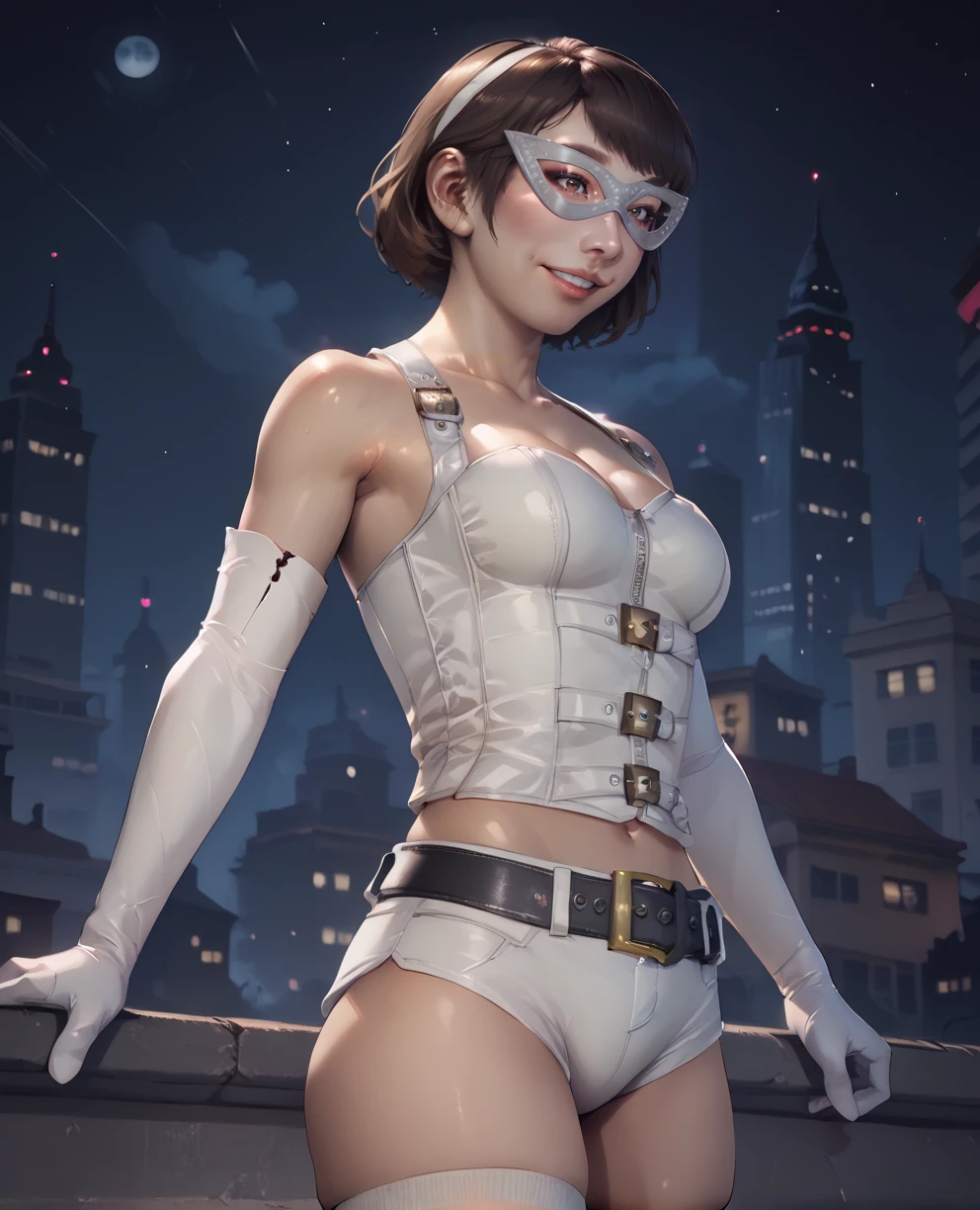 score_9,score_8_up,score_7_up,
saekonq,brown hair,white domino mask,brown eyes,
elbow gloves,belt,white corset,shorts,smile,cleavage,
white thighhighs,
night,city,
<lora:SaekoNQ:1>,