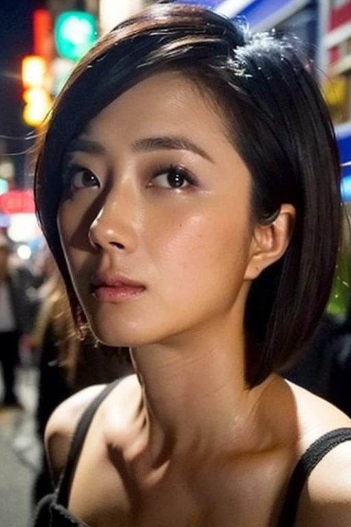 Best quality,masterpiece,ultra high res,(photorealistic:1.2),1girl,in the dark,deep shadow,low key,slim body,undone hair,off shoulder,japanese street alley,dynamic pose,face closeup,<lora:lunmei_guey:1>,