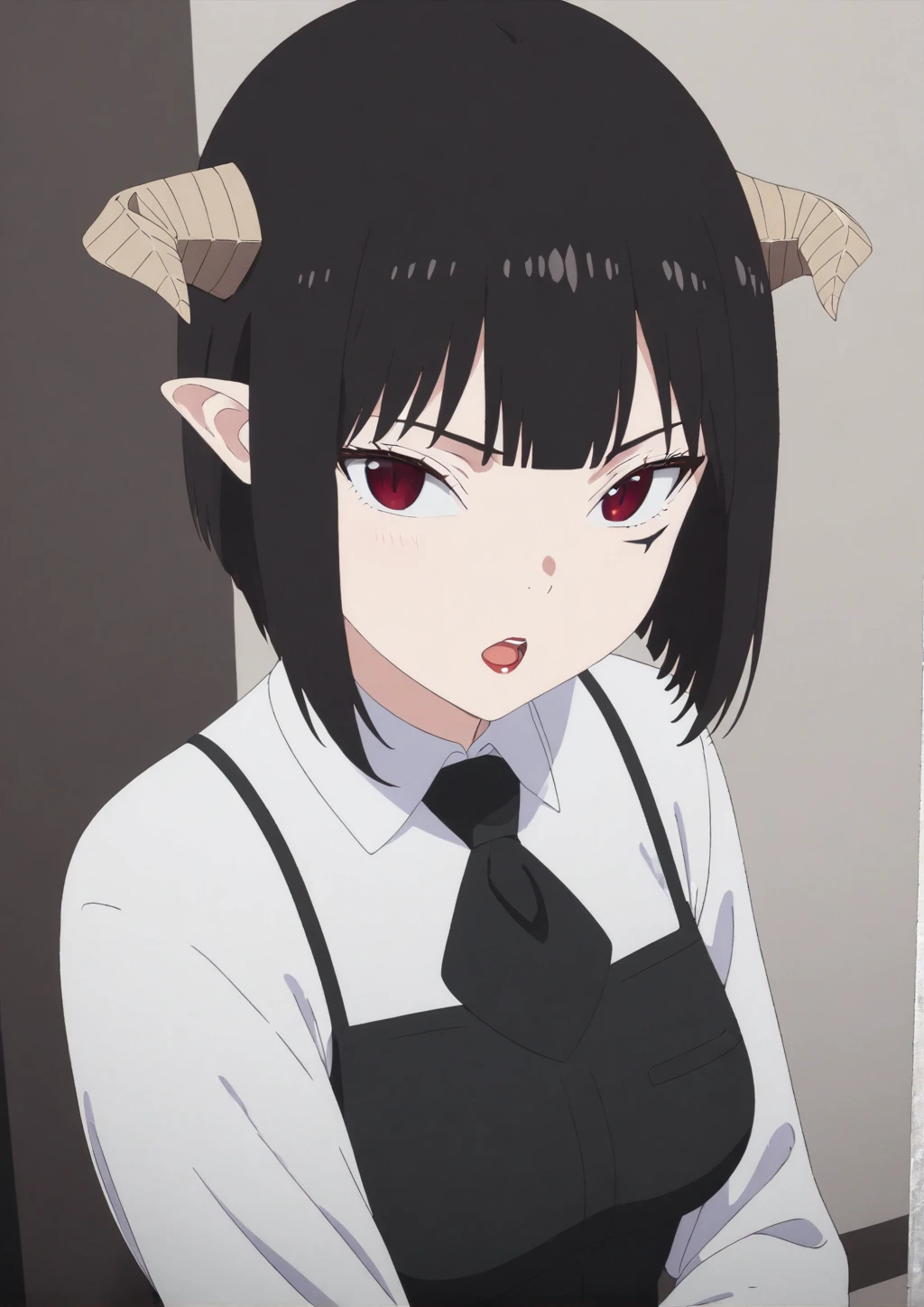 ,hands in pocket,work of art, tight white secretary shirt with black tie, black high waist skirt, short skirt,stocking, black hair, black tightscary sun,office,bangs on the eyes,lighting,horn of hair,view from above,evil smile,linda,staring overhead,blushed,face red,Eyes red,dando laughter,laughter
