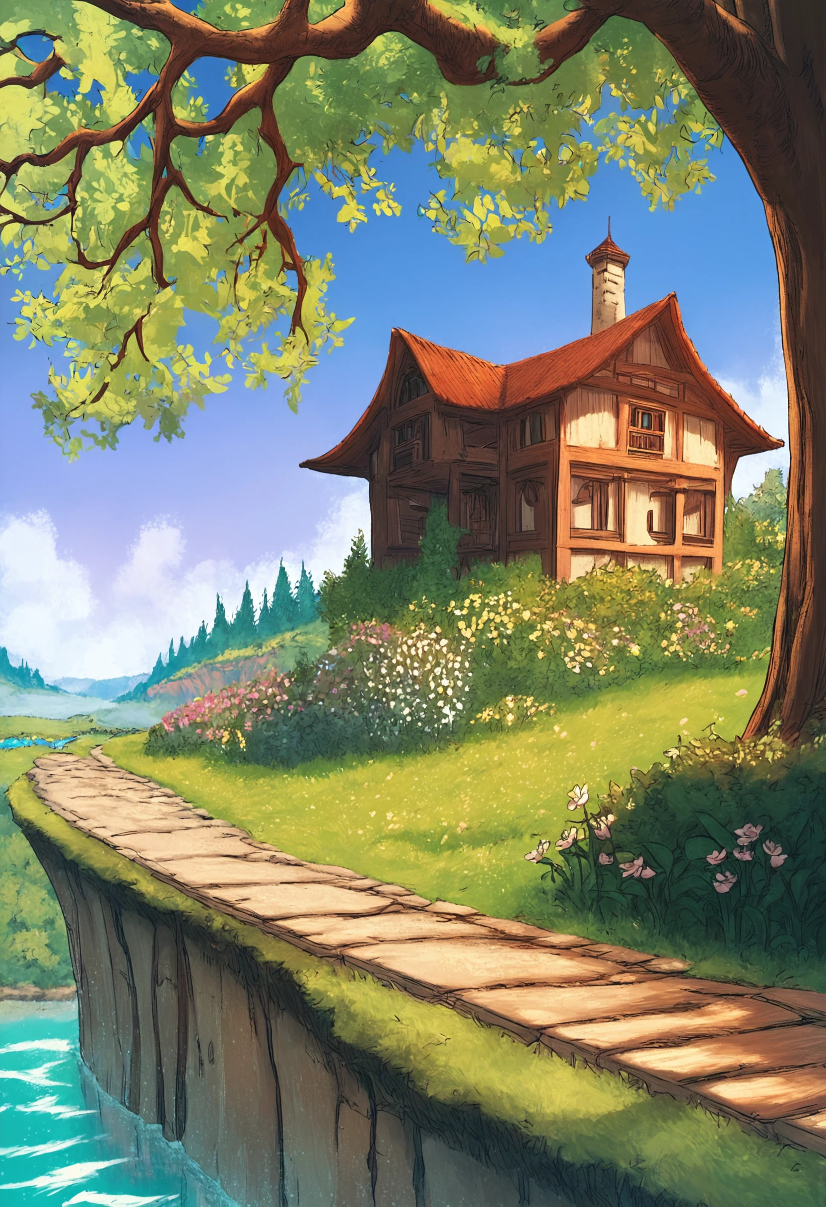 masterpiece,best quality, highly detailed, score_9, score_8_up, score_7_up, score_6_up,source_Anime,neolight,scenery, outdoors, tree, bridge, day, water, sky, river, house, building, blue sky, watermark, plant, nature, flower <lora:Berserkfun:1> b3rs3rkstyle