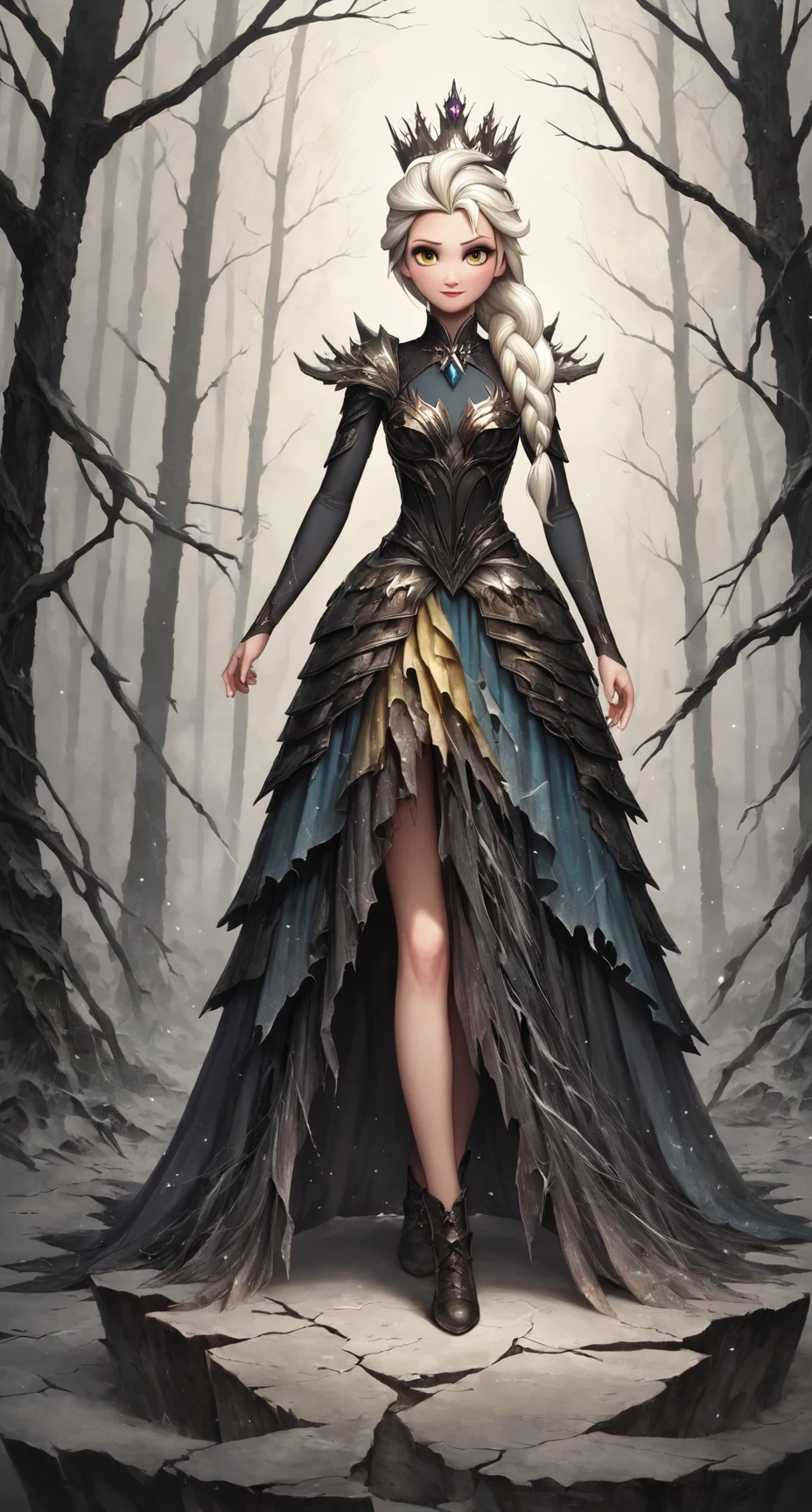 score_9, score_8_up, score_7_up,nice detailed blue styled forest backround,source_anime,anime style,yellow eyes,eye focus,EtherealRuin,1girl,elsa,white hair,elsa from frozen,detailed full body,wearing Footwear of the Fallen,wearing Dark Crown of Power,wearing Shattered Silk Skirt,wearing Biomorphic Armor Bodice, <lora:EtherealRuinOutfitPony:0.5>