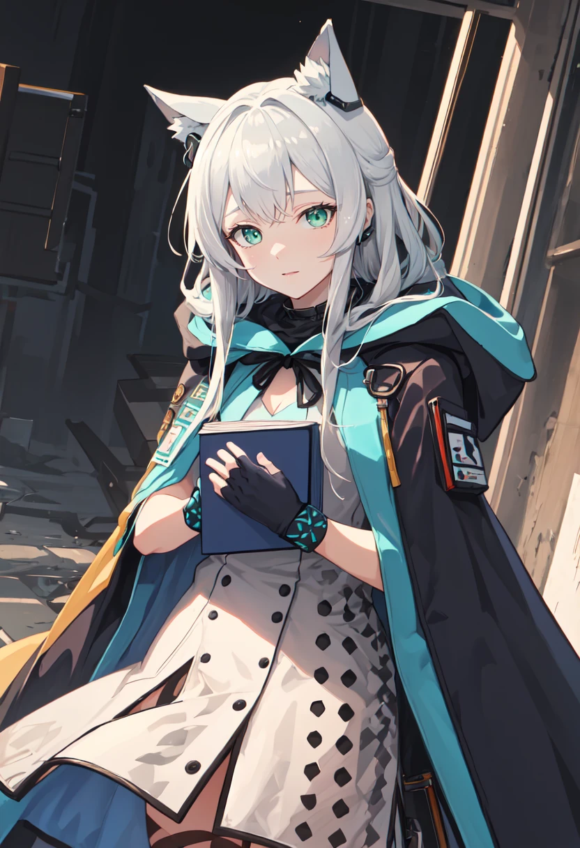 best quality, masterpiece, highres, solo, (rosmontis_arknights:1.10), 1girl, black gloves, fingerless gloves, hood down, jacket, white dress, holding book, infection monitor (arknights), looking at viewer, closed mouth, earpiece, hooded cloak, 1 <lora:rosmontis_arknights:0.80>