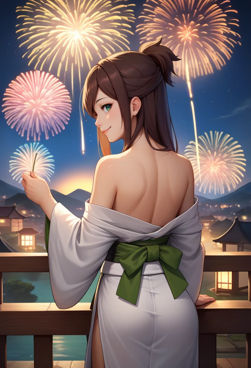 score_9, score_8_up, score_7_up, source_anime, from behind, solo, 1girl, ema skye, smile, looking back, half updo, white kimono, off shoulder, green sash, bare shoulders, fireworks <lora:aa_emaskye_ponyXL:1>