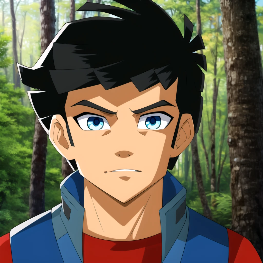 solo, 1boy, Ky Stax,  blue eyes, black hair,  vest, red shirt, long sleeves,  <lora:Ky_Stax_Redakai_Leaf1:0.8>, portrait, looking at viewer,  forest,