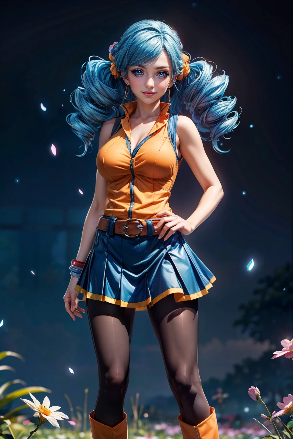 (ultra realistic,32k, masterpiece:1.2),(high detailed skin:1.1),( high quality:1.1),  <lora:Ace_Trainer_Pokemon_BW:0.4>,   ace trainer (pokemon), blue hair, blue eyes, drill hair, smile,   orange vest, belt, skirt, black pantyhose, knee boots, scrunchie,    blooming stars, luminescent petals, otherworldly fragrance blurry background, (looking at viewer, standing:1.1), huge breast, large breast, <lora:add_detail:0.92>, (glowwave:1.1),