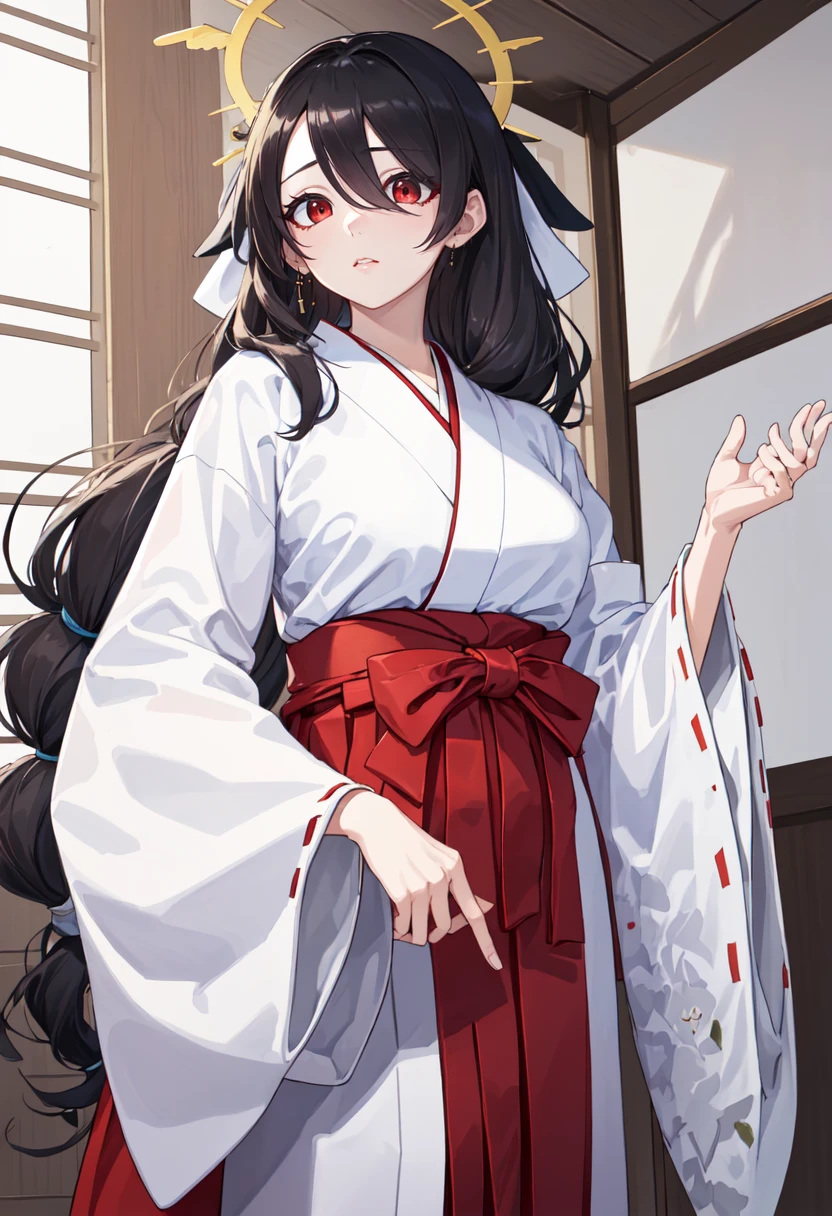 best quality, masterpiece, highres, solo, (hinata_bluearchive:1.10), (white kimono:1.35), (red hakama:1.35), (wide sleeves:1.20), 20 <lora:hinata_bluearchive:0.80>