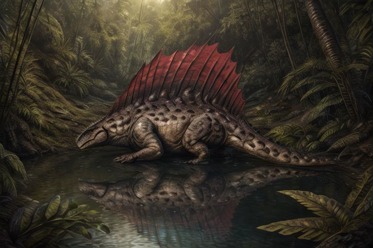 (8k, hd, crisp, sharp details, Highly detailed, detailed, realistic, best quality, (detailed hands), detailed fingers, Highest Quality, 4k, masterpiece, Amazing Details, Shallow Depth of Field, E671,( by Furryrevolution)),
dimetrodon, outside, jungle, blue sky, river, realistic water effects, sun rays, realistic lighting, beautiful environment, shrubbery, reflections <lora:dimetrodon:1> <lora:add-detail-xl:0.5> <lora:xl_more_art-full_v1:0.3>