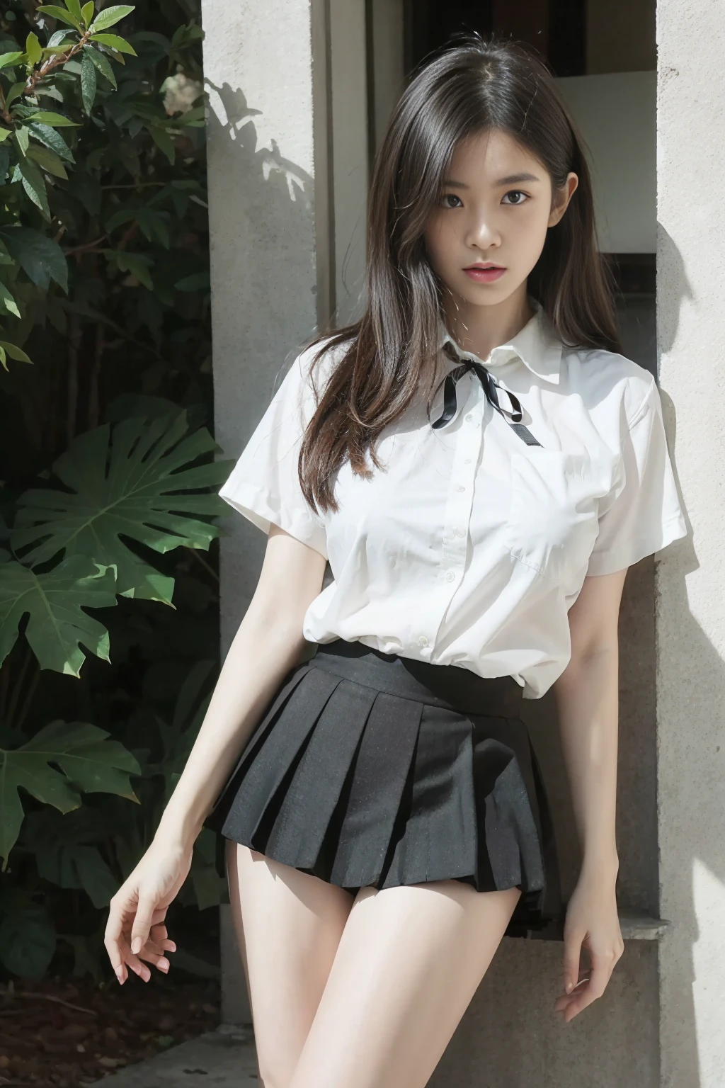 <lora:qingquxueshengfu:0.6>,<lora:1.5_perfect hands:0.8>,<lora:è
¿-000001:0.4>,full_body,a girl,school_uniform,shirt,truncated shirt,pleated_skirt,white shirt,outdoors,black pleated skirt,black tube socks,white bar,black ribbon,standing,<lora:Again_Girl_A14:0.9>,HD,highres,high quality,8k,kawaii,seijun,, best quality, masterpiece, (realistic, photo-realistic:1.37),ultra high res,highres,, illustration. media, delicate,8k wallpaper,soft light,official art,professional lighting, photon mapping, radiosity, physically-based rendering,1girl,