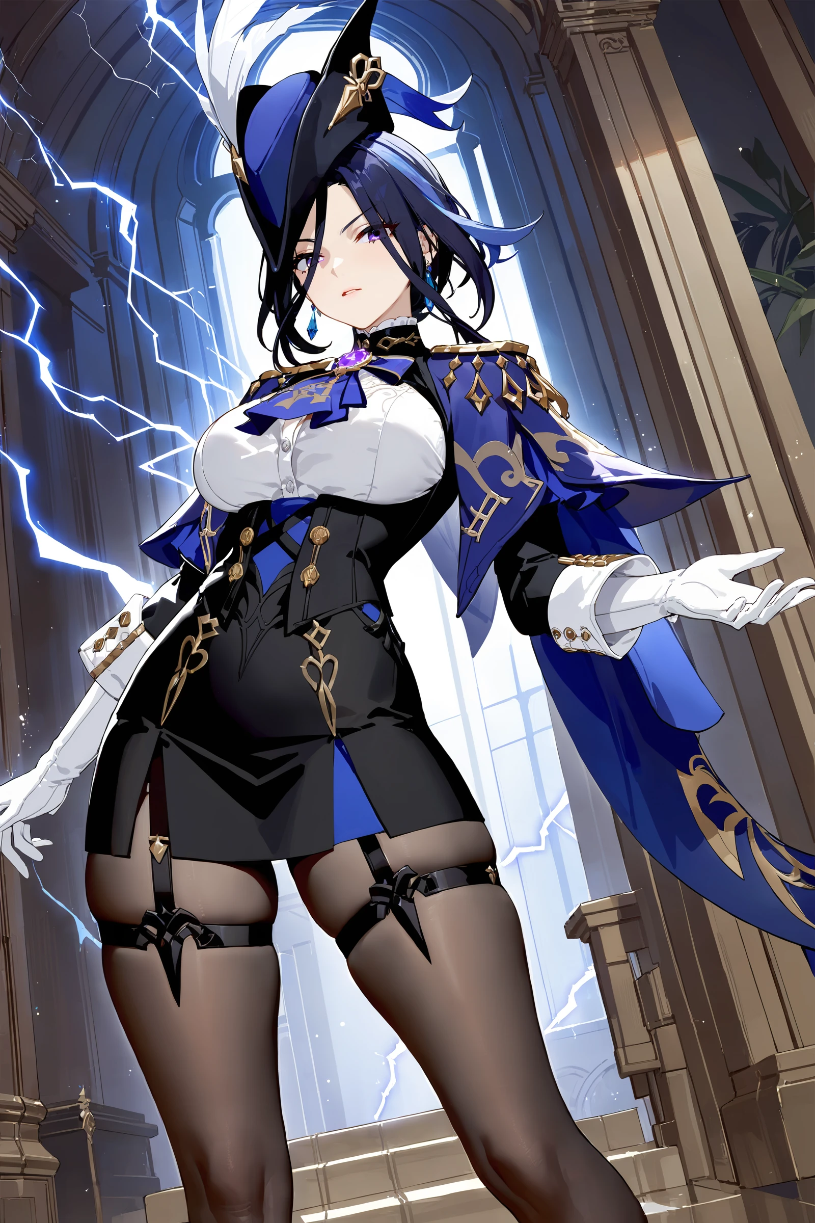 masterpiece, best quality, perfect features, intricate details, ray tracing, newest,(hitenkei, askzy:0.4), 1girl, clorinde \(genshin impact\), tricorne, black pantyhose, earrings, blue cape, white gloves, pencil skirt, white shirt, thigh strap, underbust, ascot, fold-over boots, black jacket, full body, lightning, electricity, aura, looking at viewer, floating hair, glaring, hand on hilt, sword <lora:quality1:0:hr=1>, <lora:Char-Genshin-Clorinde-XL-V1:0.9>