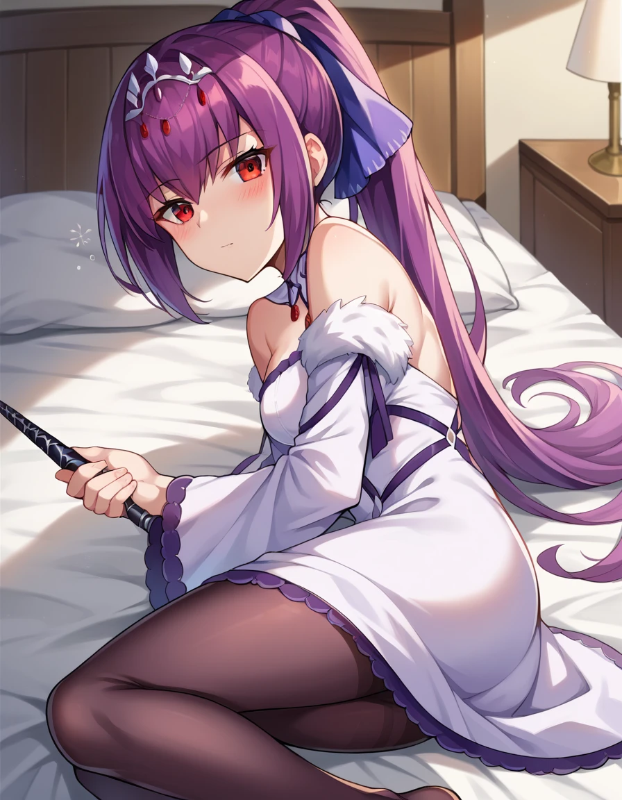 score_9, score_8_up, score_7_up, source_anime,
skadicaster, <lora:skadi-caster-ponyxl-lora-nochekaiser:1>
skadi, long hair, purple hair, red eyes,
dress, fur trim, jewelry, pantyhose, purple dress, red eyes, silver trim, tiara, wand,
indoors, bed, bed room, on side, blush, drunk,
looking at viewer, dutch angle, cowboy shot,