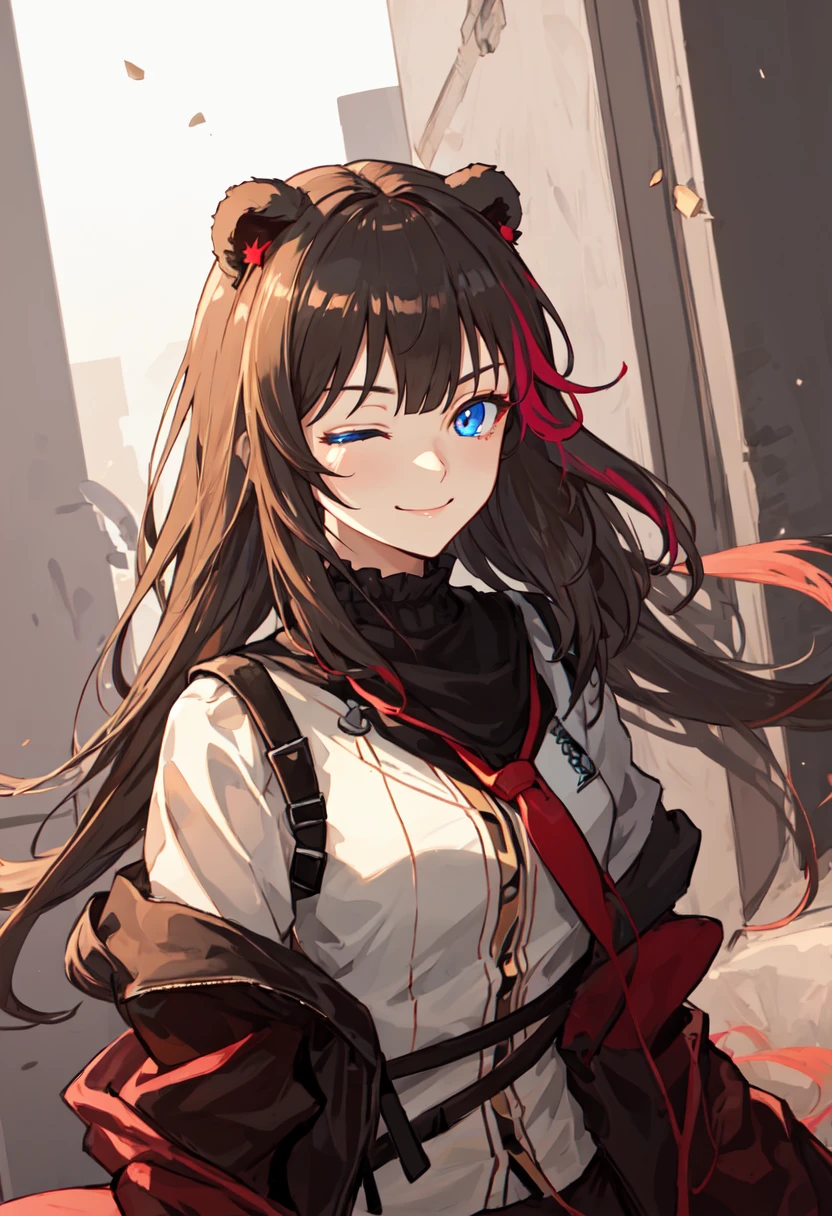 best quality, masterpiece, highres, solo, (zima_arknights:1.10), smile, happy, one eye closed, portrait, looking at viewer, 36 <lora:zima_arknights:0.80>