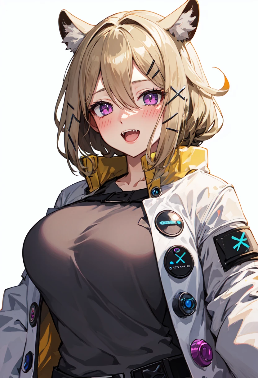best quality, masterpiece, highres, solo, (utage_arknights:1.10), 1girl, blush, hair between eyes, long sleeves, open jacket, simple background, white jacket, looking at viewer, upper body, grey shirt, open mouth, white background, :d, x hair ornament, 2 <lora:utage_arknights:0.80>