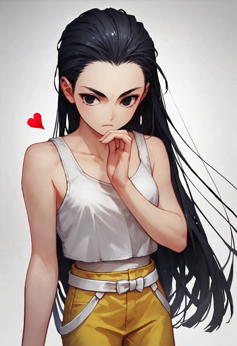 score_9, score_8_up, score_7_up, score_6_up, score_5_up, score_4_up,  source_anime, <lora:super_oume_otane-03:0.9> 1girl, solo, black eyes,white_tank_top,hair slicked back,black hair,very long hair,straight hair,[sandals:0.5], white belt,yellow pants, 
heart mark on fire on hand,