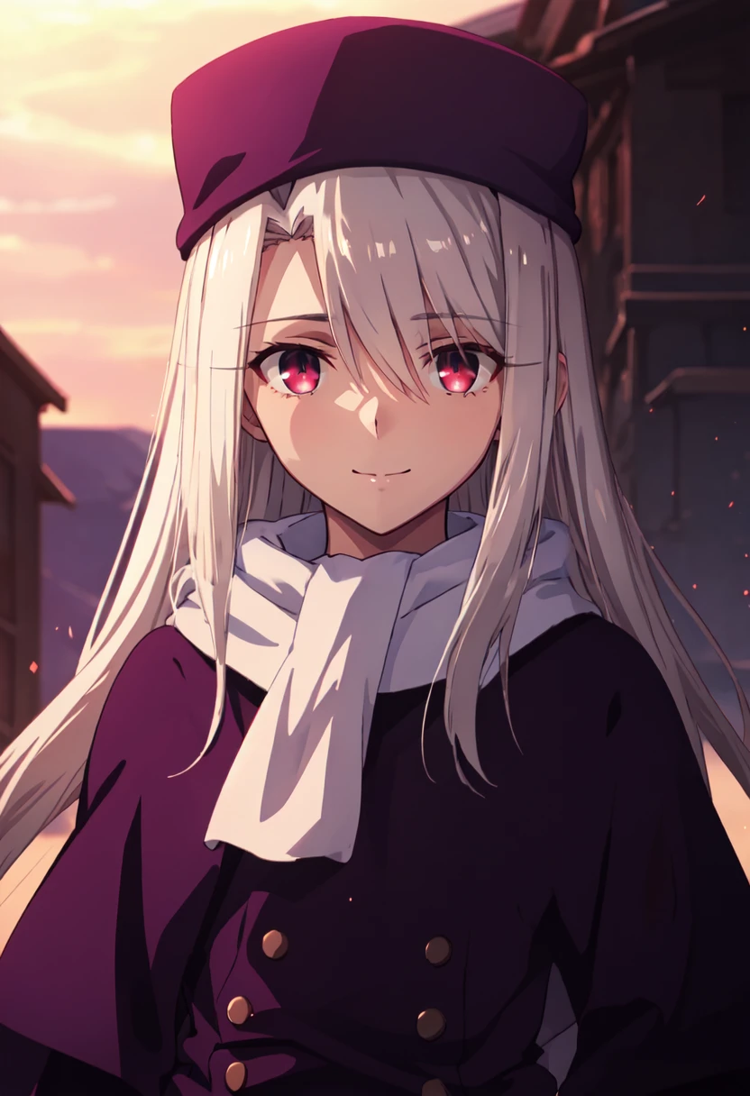 best quality, masterpiece, highres, solo, (illyasviel_von_einzbern_fatestaynightufotable:1.10), 1girl, papakha, white scarf, purple headwear, coat, anime coloring, closed mouth, looking at viewer, smile, outdoors, upper body, anime_style, 3 <lora:illyasviel_von_einzbern_fatestaynightufotable:0.80>