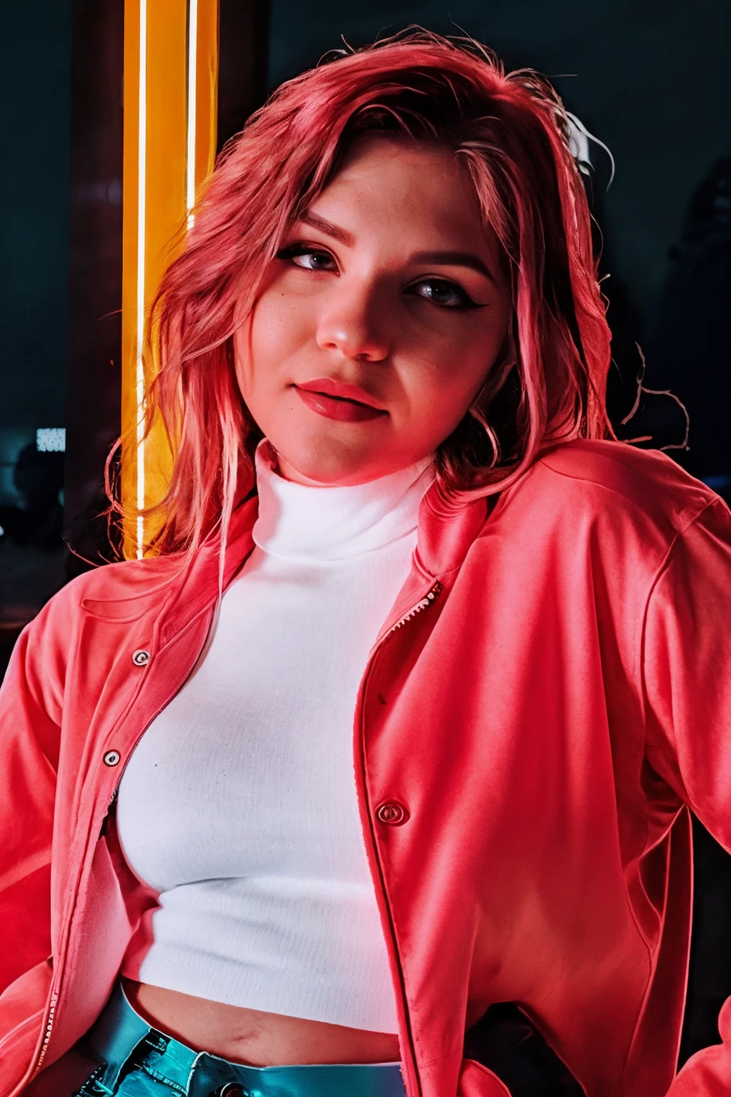 <lora:ann13qu33n:0.9> ann13qu33n  portrait, cyberpunk background, neon lights, night, oversized jacket, edgerunners, 2077, turtleneck, red pants, medium close-up