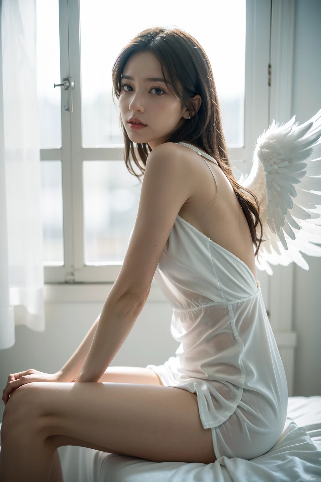 woman reflecting, woman thinking, angel outfit