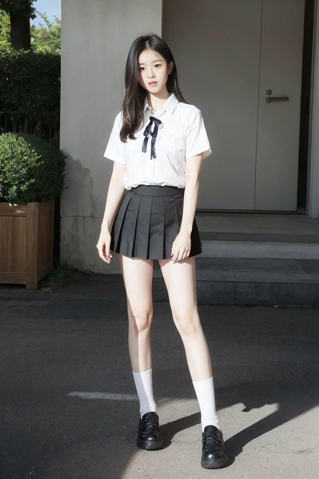 <lora:qingquxueshengfu:0.6>,<lora:1.5_perfect hands:0.8>,<lora:è
¿-000001:0.4>,full_body,a girl,school_uniform,shirt,truncated shirt,pleated_skirt,white shirt,outdoors,black pleated skirt,black tube socks,white bar,black ribbon,standing,<lora:Again_Girl_A14:0.9>,HD,highres,high quality,8k,kawaii,seijun,, best quality, masterpiece, (realistic, photo-realistic:1.37),ultra high res,highres,, illustration. media, delicate,8k wallpaper,soft light,official art,professional lighting, photon mapping, radiosity, physically-based rendering,1girl,