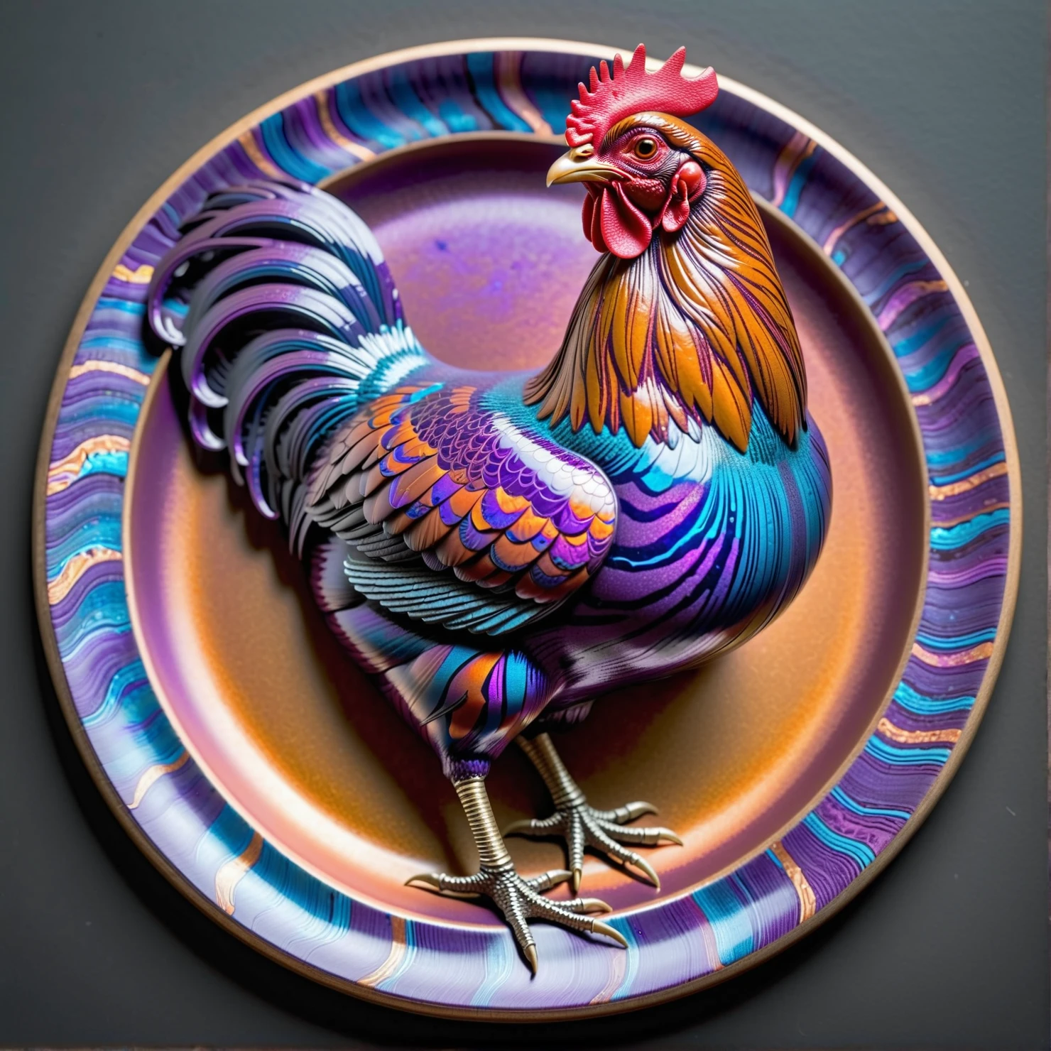 timascus style,realistic, a chicken sitting on a plate, (SimplePositiveXLv2:0.6), <lora:Timascus_merge:1>