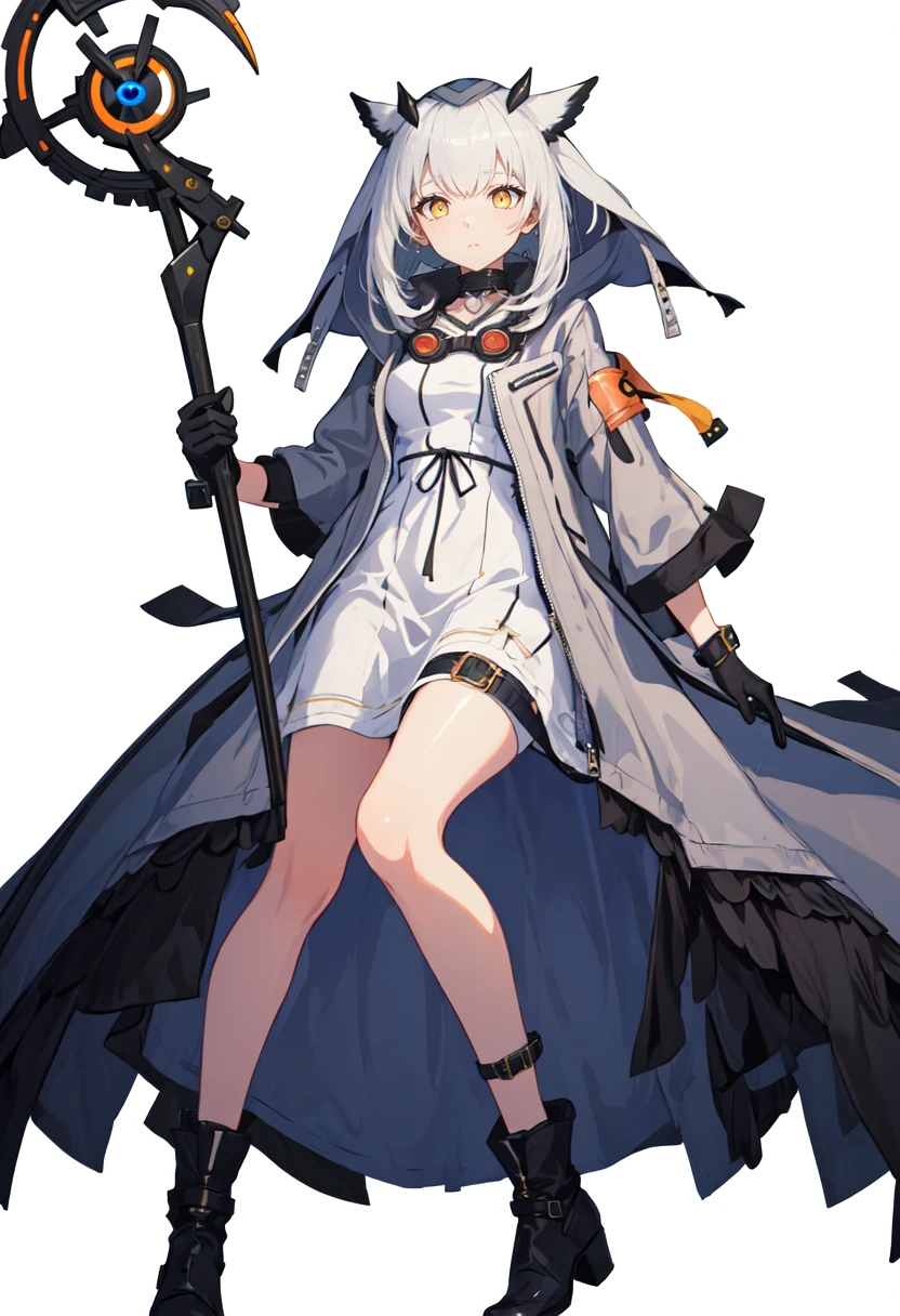 best quality, masterpiece, highres, solo, (ptilopsis_arknights:1.10), 1girl, holding staff, long sleeves, white dress, black gloves, looking at viewer, armband, rhine lab logo, goggles around neck, open jacket, simple background, white background, black footwear, grey coat, boots, medium hair, 4 <lora:ptilopsis_arknights:0.80>