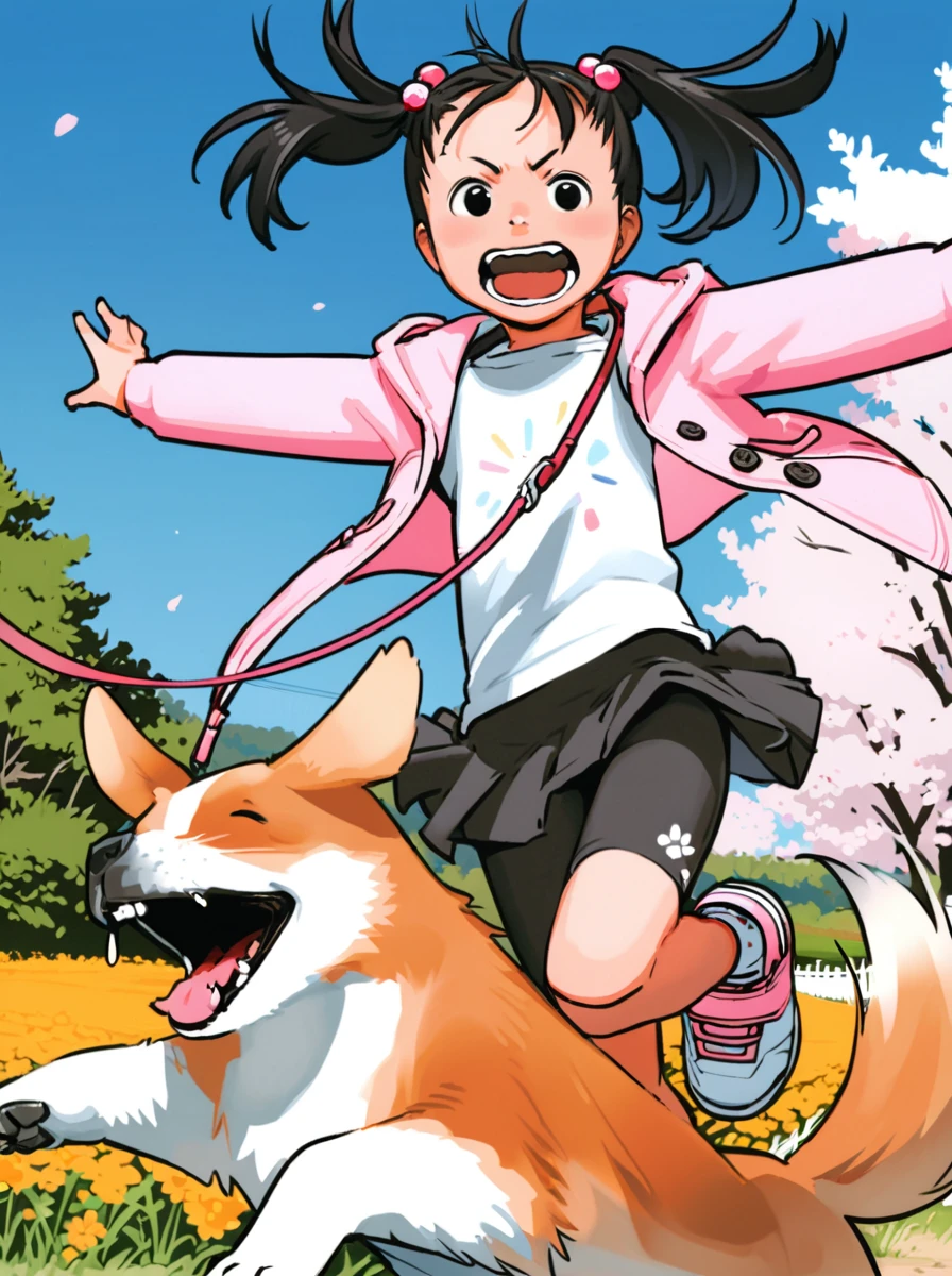 masterpiece, best quality, <lora:comiclo-xl-a3.1:1>,1girl, dog, leash, running, twintails, black hair, outstretched arms, skirt, spread arms, solo, cherry blossoms, bike shorts, black eyes, open mouth, jumping, outdoors, petals, hair bobbles, day, flower, jacket, sky, sneakers, collar, child, shoes, hair ornament, tree, field, animal