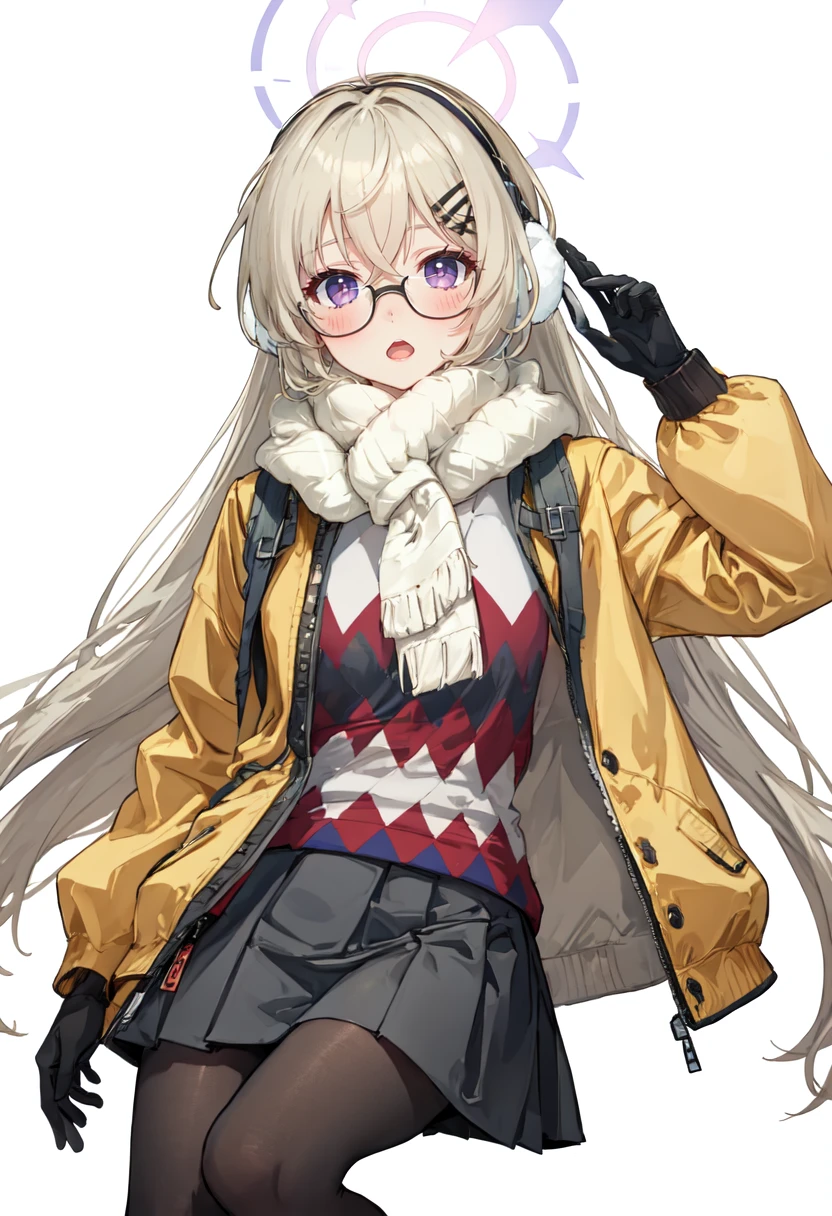 best quality, masterpiece, highres, solo, (kotama_bluearchive:1.10), long sleeves, yellow jacket, official alternate costume, white scarf, blush, 1girl, black pantyhose, open jacket, earmuffs, looking at viewer, pleated skirt, white gloves, grey skirt, simple background, white background, black skirt, open mouth, very long hair, 0 <lora:kotama_bluearchive:0.80>