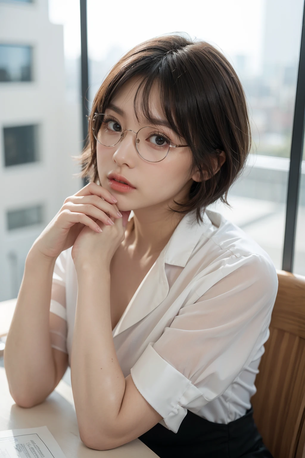 (RAW, best quality:1.4, masterpiece:1.4), (realistic, photo realistic:1.2),ultra high res, UHD, 8k, absurdres, (realistic skin, Detailed shiny skin), (best shadow), (normal physical expression, perfect anatomy:1.7, perfect hands), (cinematic lighting), Moist eyes, Moist lips,
break
((glower, scowl, frown, grimace, glout)), clear face, symmetrical clear eyes, pale pink lips, ((get above, pour scorn on, pour scorn over, disprize, crap on)), Support your chin with your orson, ((disheveled short hair, bangs)), ((1girl, solo)), best quality, ((white latex)), women suit, (glasses:1.3), smooth lines, cowboy shot, thick makeup eyeshadow, sitting on desk, at office, cityscape at outside window,eyeliner, ((looking at viewer))