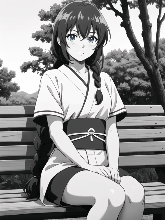 ((illustration, 90s, 1990s, anime)), 40_anime, 8_MakimachiMisao, dataset, 1girl, single braid, black hair, long hair, blue eyes, japanese clothes, short sleeves, blue short kimono, pink bow, sash, looking at viewer, expressive face details, outdoors of a beautiful forest, makimachi misao, sitting in a bench in a beautiful park, <lora:Makimachi Misao S:1.1>, greyscale, monochrome,, masterpiece, best quality, high quality