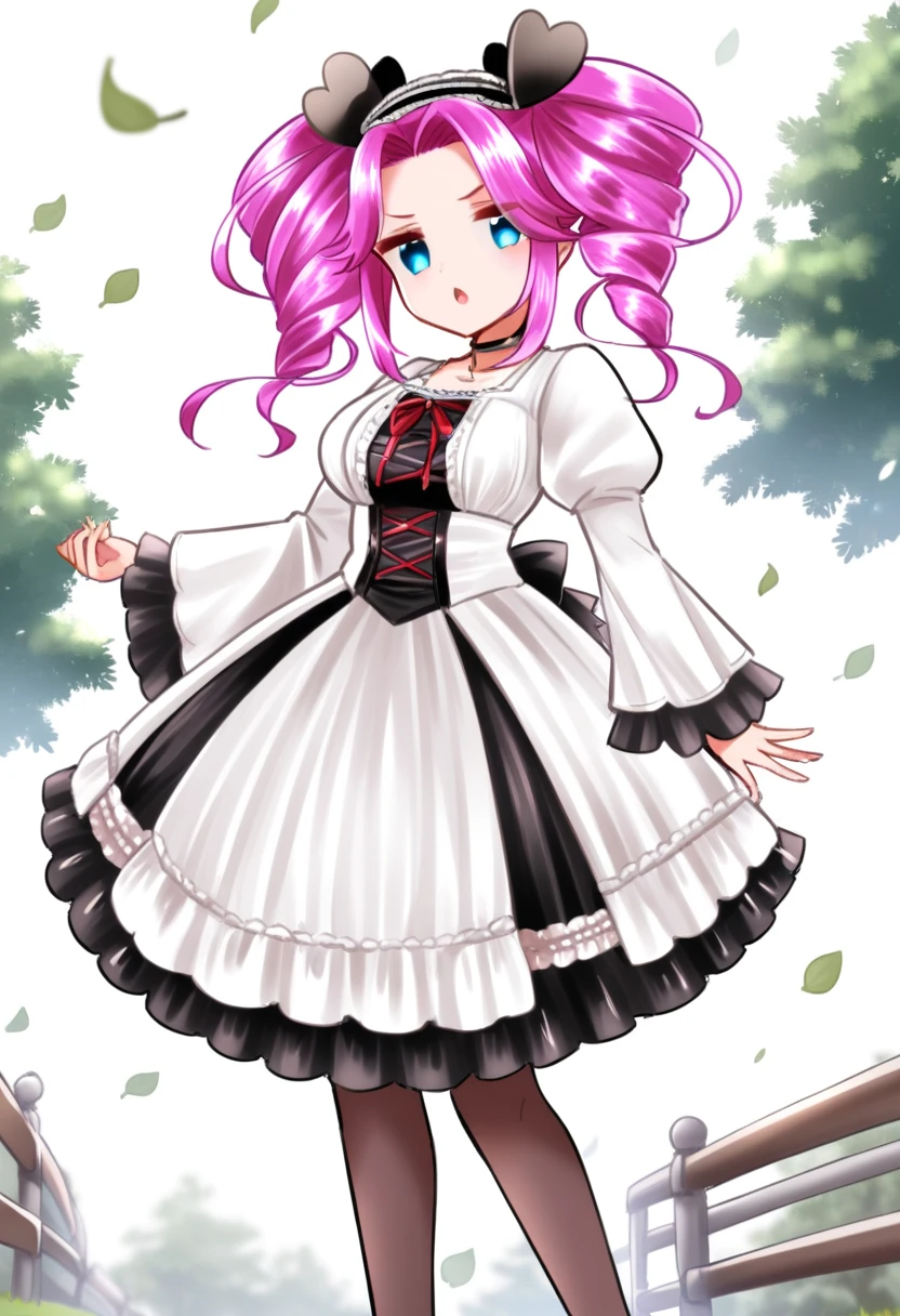 One girl, Cosmetan, methane, Twin Drill, Pink Hair, blue eyes, dress, pantyhose, Outdoor, Fallen leaves, (((skirt lift))), (((white panties, panties under pantyhose))), (((8--old,chibi, Small Head, very flat chest, Very cute baby fa