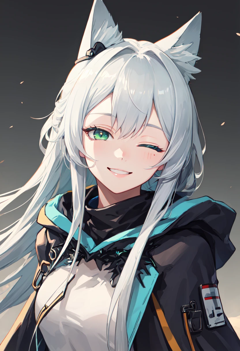 best quality, masterpiece, highres, solo, (rosmontis_arknights:1.10), smile, happy, one eye closed, portrait, looking at viewer, 34 <lora:rosmontis_arknights:0.80>