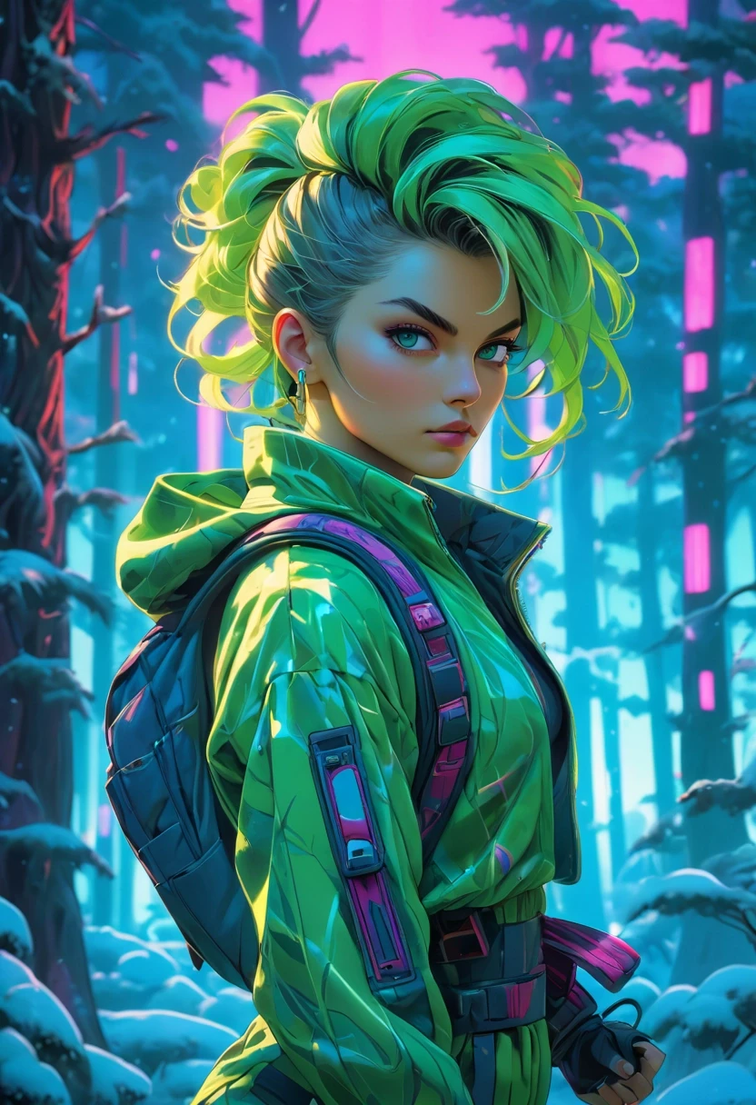 retro cyberpunk A woman stands confidently in a dense forest under a snowy sky. She is adorned in a vibrant electric green Hungarian marble overall and sports curtain bangs hairstyle. A blue backpack rests atop her shoulder while a zen barrette holds her hair in place. Her fierce pirate demeanor is accentuated by her neoclassical attire and moody lighting illuminates her face. The image captures her in mid-stride through a field with an intricate background. The use of fold angora wool adds depth to her character while anaglyph effect lends a . 80's inspired, synthwave, neon, vibrant, detailed, retro futurism