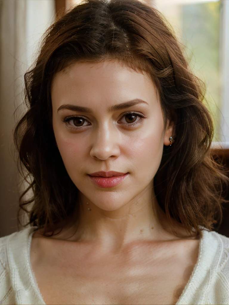 A beautiful 4lyss4m woman,1girl,solo,long hair,looking at viewer,smile,brown hair,brown eyes,lips,traditional media,red shirt,portrait,realistic,soft lighting, professional Photography, Photorealistic, detailed, RAW, analog, sharp focus, 8k, HD, high quality, masterpiece<lora:4lyss4m:1.0>