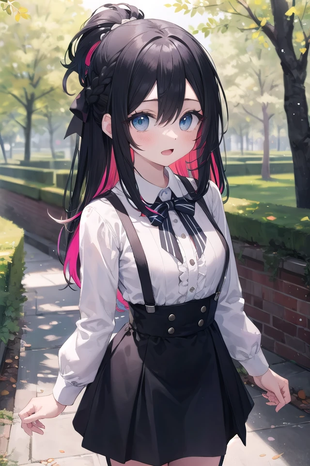 <lora:hotarueye_tareme2_v100:1>, insanely detailed, absurdres, ultra-highres, ultra-detailed, best quality,
1girl, solo, nice hands, perfect hands
BREAK
braid, shirt, holding, mary janes, socks, black skirt, long hair, white shirt, suspender skirt, white socks, long sleeves, ribbon, suspenders, standing, ruffles, black ribbon, bow , black bow tie, long skirt, black bow, neck ribbon, bowtie, bag
BREAK
(nsfw:-1.5)
BREAK
expressionless, open mouth
BREAK
,
standing, cowboy shot, looking at viewer
BREAK
slender, kawaii, perfect symmetrical face, ultra cute girl, ultra cute face, ultra detailed eyes, ultra detailed hair, ultra cute, ultra beautiful
BREAK
in forest, depth of field, ultra detailed background
BREAK
medium large breasts
BREAK
(random color hair, multicolored hair:1.2), rainbow color eyes, topknot, hair between eyes