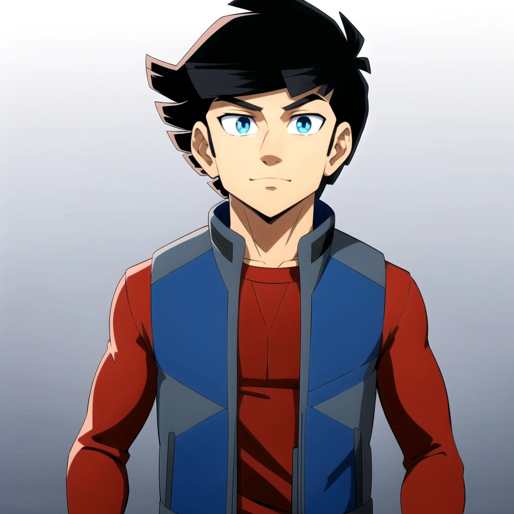 solo, 1boy, Ky Stax,  blue eyes, black hair,  vest, red shirt, long sleeves,  <lora:Ky_Stax_Redakai_Leaf2:0.8>, cowboy shot, looking at viewer,  gradient background,