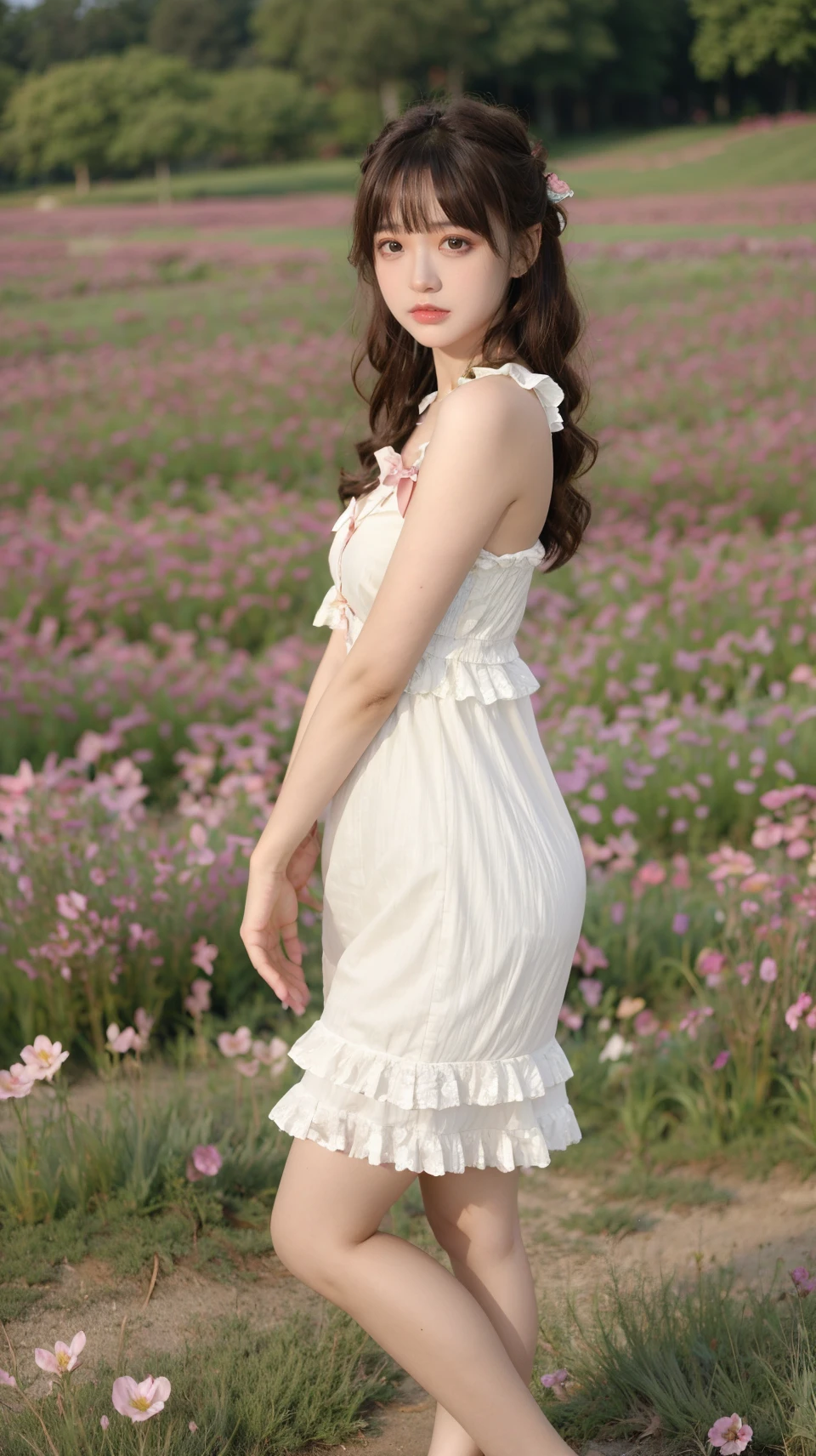 best quality,HDR,UHD,8K,Vivid Colors,solo,photo_,(1girl:1.3),(standing:1.3),(looking at viewer:1.4),Elegant,detailed gorgeous face,(full body:1.2),morning,(flower field background:1.2),black eye,long hair,sunlight,dappled sunlight,marginal light,<lora:Twinkle15:0.75>,ribbon,flower,frills,side view,