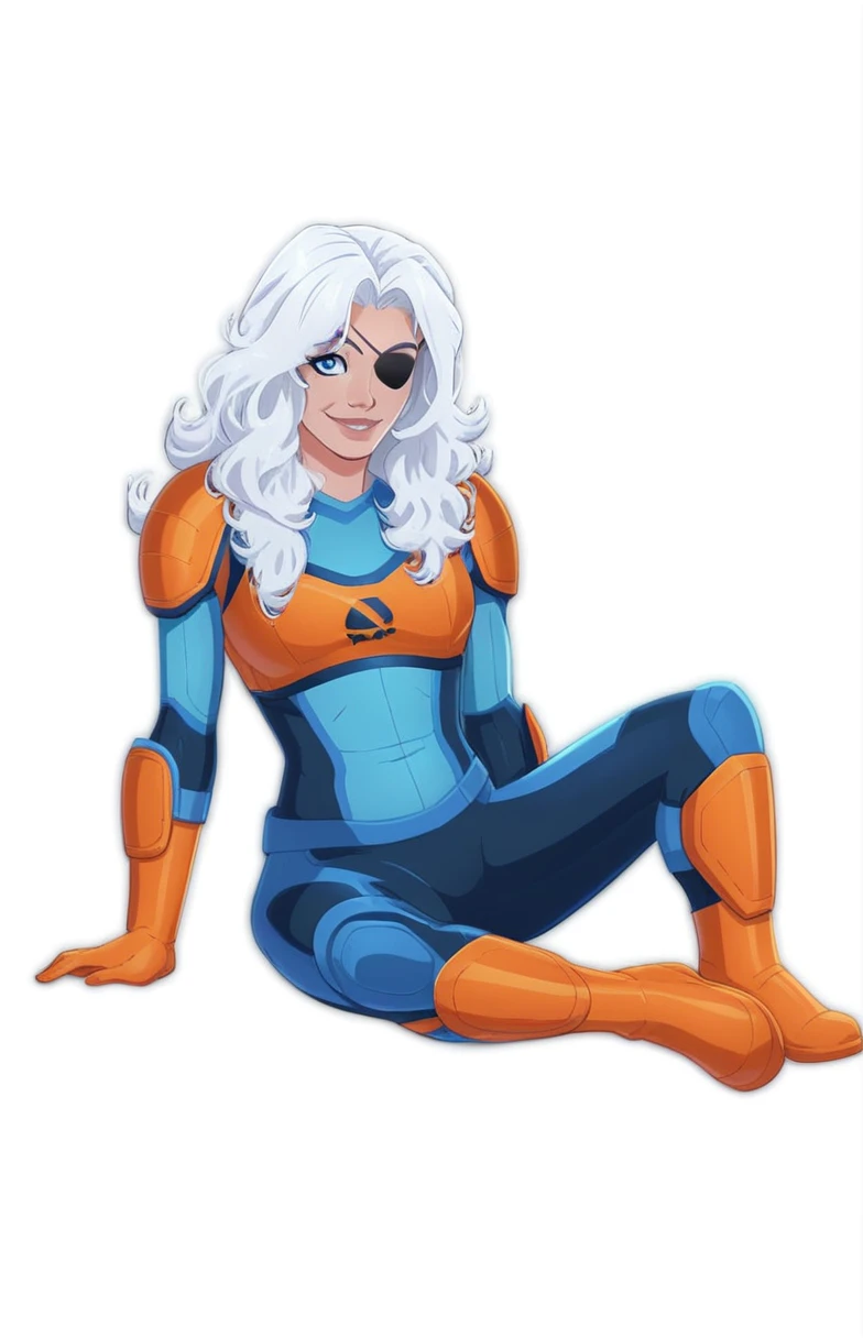 <lora:Ravager:1>
1girl,solo,long hair,smile,white background,white hair, armor,lips,bodysuit, one eyepatch, blue eyes, orange bra, full body