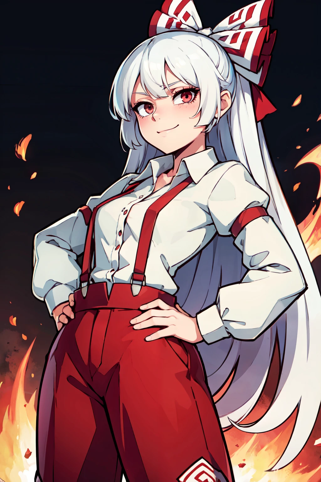 ((masterpiece,best quality)), absurdres, <lora:Fujiwara_no_Mokou:0.8>, fujiwara no mokou, white hair, red eyes, hime cut, very long hair, red baggy pants, bow, buttons, collared shirt, long sleeves, hair bow, sidelocks, suspenders, fire, fire ball, glowing eyes, smug, hand on hip, solo, smile, looking at viewer, cowboy shot,