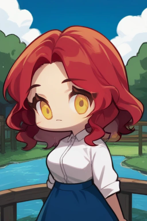score_9, score_8, <lora:GTChibiXL640V1:0.8>, chibi, 1girl, red hair, medium hair, wavy hair, yellow eyes, white shirt, blue skirt, upper body, looking at viewer, straight-on, on bridge, fence, river, sky, clouds, tree
