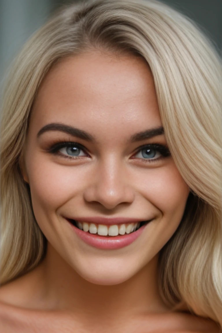 gritty raw photo of closeup portrait photo of a 25 year old platinum instagram model smiling,, hyperrealism, 8K UHD, realistic skin texture, flawed skin, shot with Canon EOS 5D Mark IV, highly detailed, masterpiece