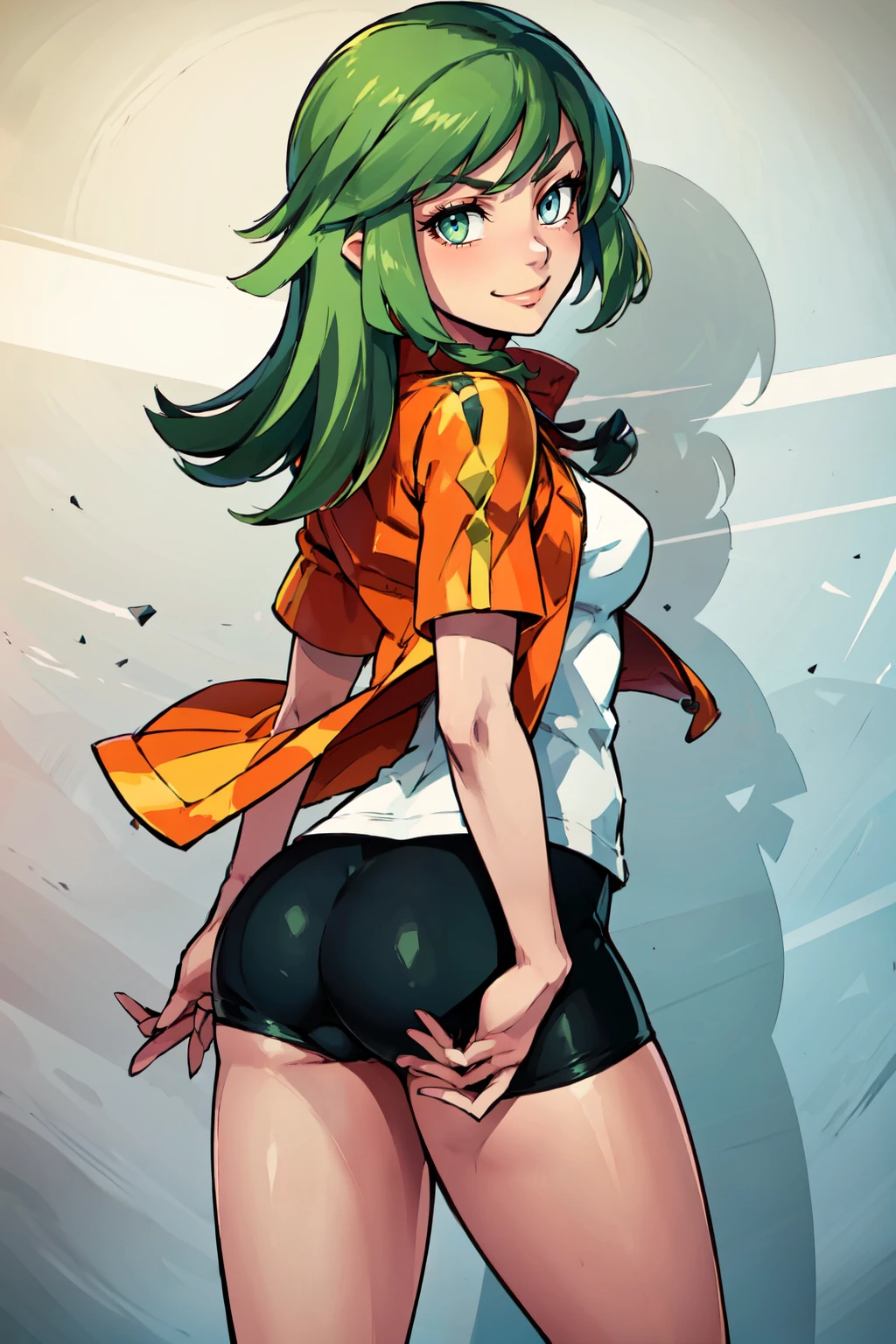 ((masterpiece,best quality)), absurdres,   <lora:Ace_Trainer_Pokemon_ORAS:0.7>,   ace trainer (pokemon), green hair, green eyes, long hair, blunt bangs, orange jacket, white shirt, black bike shorts,  side view, ass,  smile, looking at viewer, contrapposto, cowboy shot,